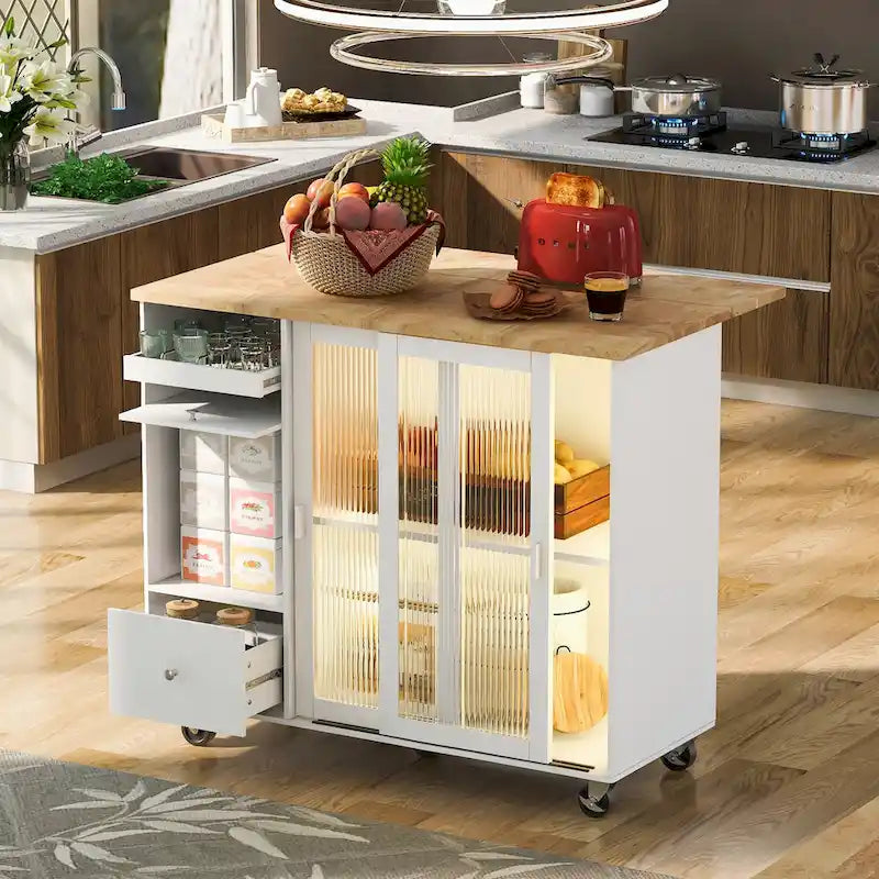 LED Light Kitchen Island Cart, Drop Leaf Breakfast Bar on Wheels, Bar Cabinet with 2 Drawers, 2 Glass Doors & 1 Flip Cabinet