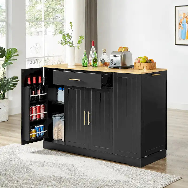 Kitchen Island with Tilt Out Trash Can Holder, Mobile Islands Table with Drawer, Adjustable Shelves & 3 Layer Open Side Racks