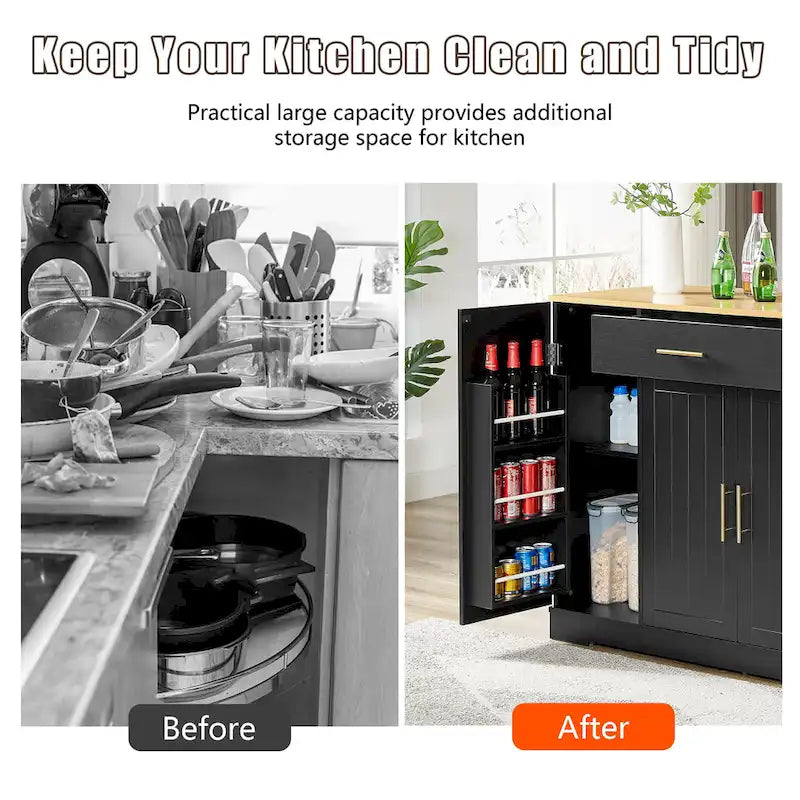 Kitchen Island with Tilt Out Trash Can Holder, Mobile Islands Table with Drawer, Adjustable Shelves & 3 Layer Open Side Racks