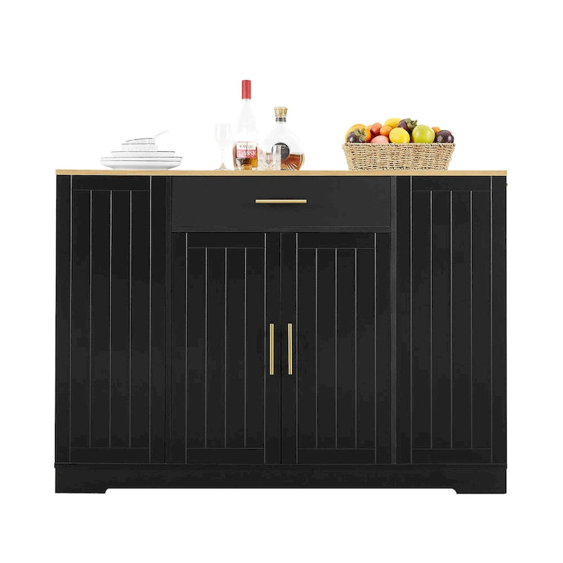 Kitchen Island with Tilt Out Trash Can Holder, Mobile Islands Table with Drawer, Adjustable Shelves & 3 Layer Open Side Racks