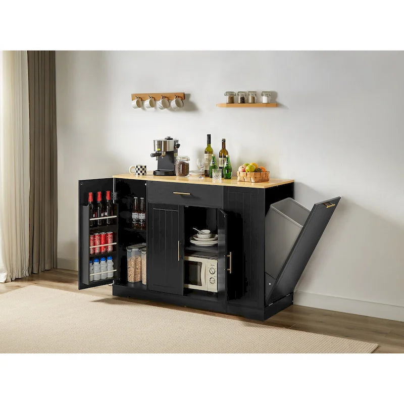 Kitchen Island with Tilt Out Trash Can Holder, Mobile Islands Table with Drawer, Adjustable Shelves & 3 Layer Open Side Racks