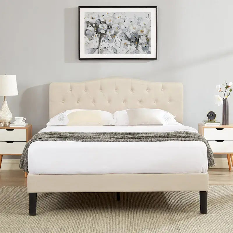 VECELO Tufted Upholstered Bed Frames With Adjustable Headboard