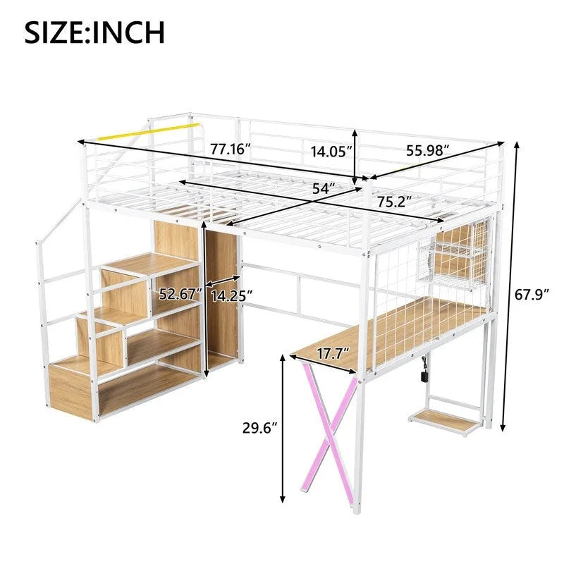 Twin/Full Size Loft Bed with Bulit-in Desk, Wardrobe & Storage Staircase, Metal Loft Bedframe with LED Light and Metal Grid