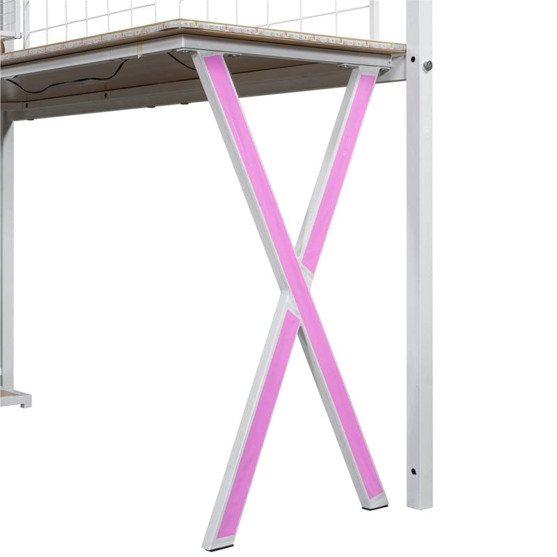 Twin/Full Size Loft Bed with Bulit-in Desk, Wardrobe & Storage Staircase, Metal Loft Bedframe with LED Light and Metal Grid