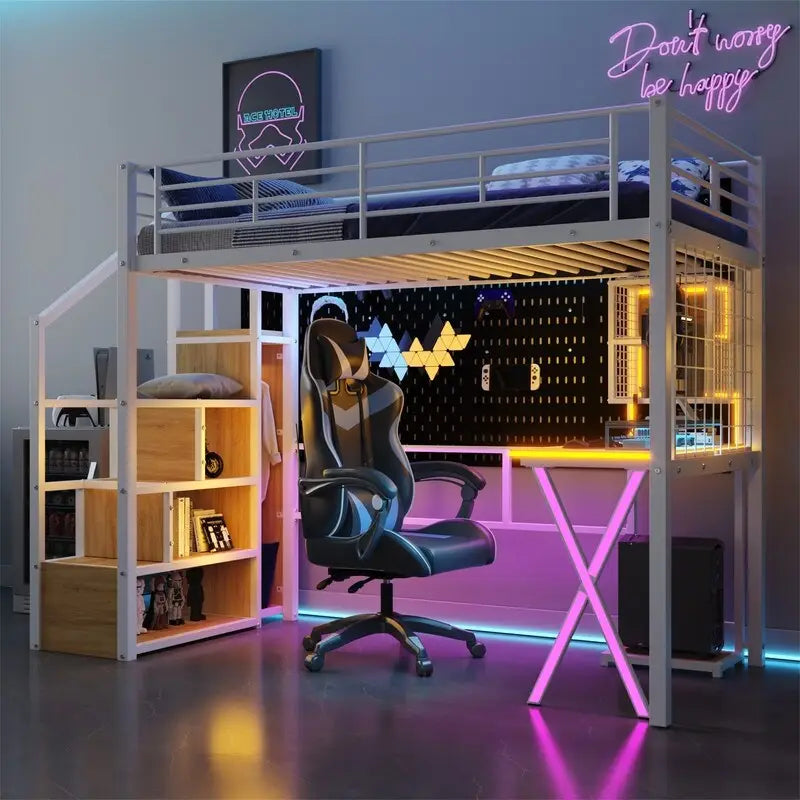 Twin/Full Size Loft Bed with Bulit-in Desk, Wardrobe & Storage Staircase, Metal Loft Bedframe with LED Light and Metal Grid