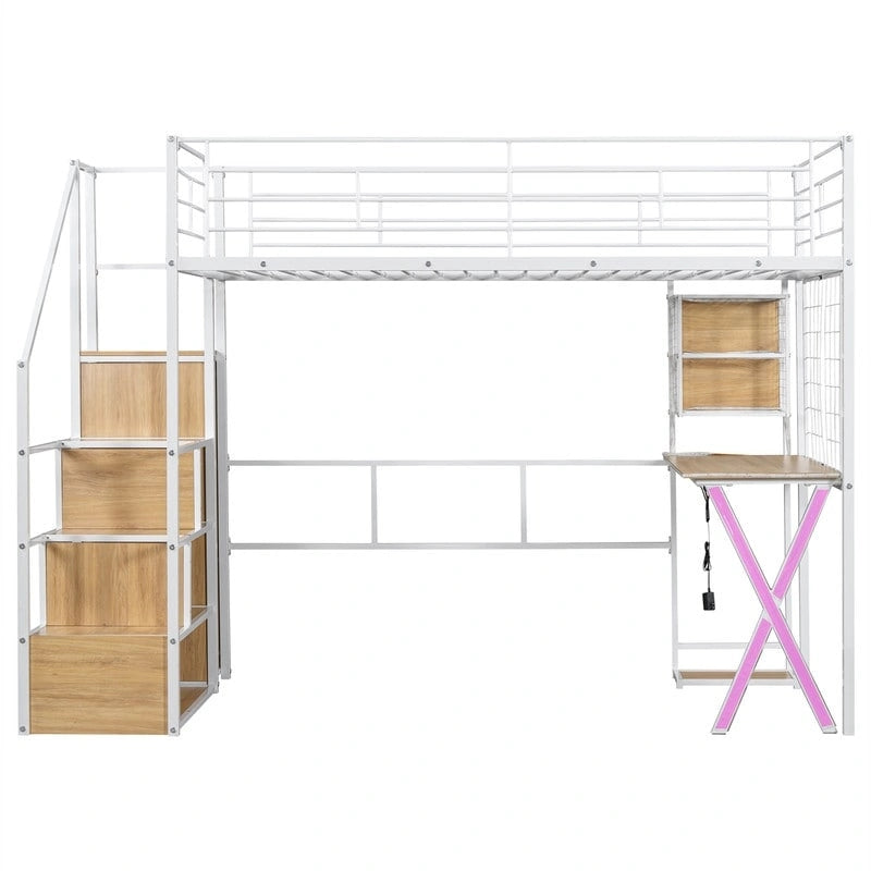 Twin/Full Size Loft Bed with Bulit-in Desk, Wardrobe & Storage Staircase, Metal Loft Bedframe with LED Light and Metal Grid