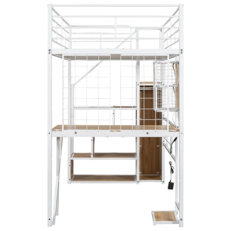 Twin/Full Size Loft Bed with Bulit-in Desk, Wardrobe & Storage Staircase, Metal Loft Bedframe with LED Light and Metal Grid