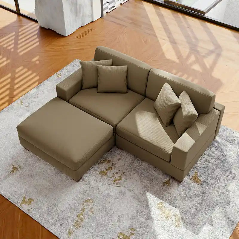 Modular Corduroy Sectional Sofa Set Chaise Couch with Ottoman