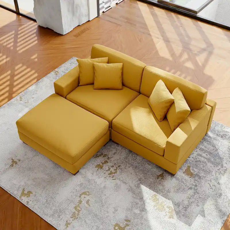 Modular Corduroy Sectional Sofa Set Chaise Couch with Ottoman