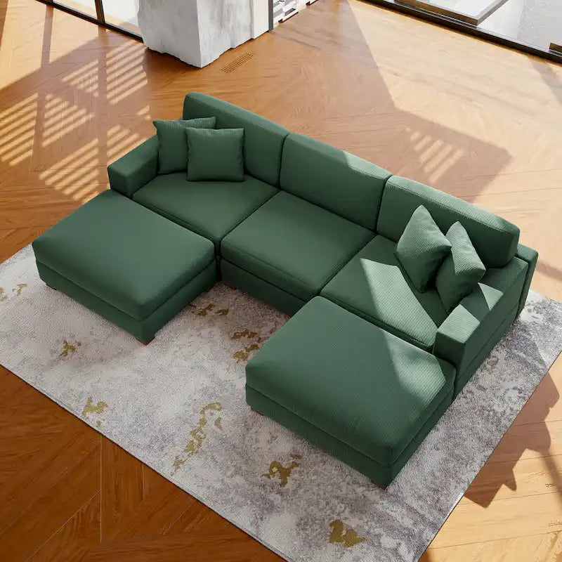 Modular Corduroy Sectional Sofa Set Chaise Couch with Ottoman