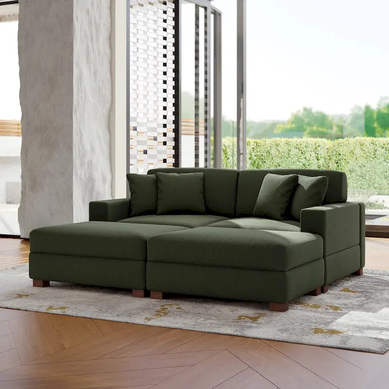 Modular Corduroy Sectional Sofa Set Chaise Couch with Ottoman