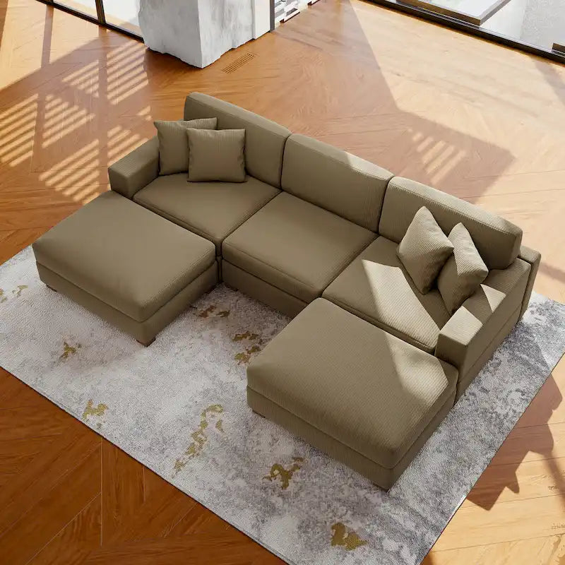 Modular Corduroy Sectional Sofa Set Chaise Couch with Ottoman