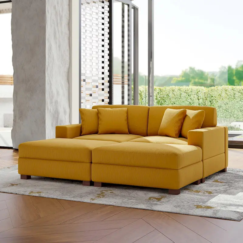 Modular Corduroy Sectional Sofa Set Chaise Couch with Ottoman