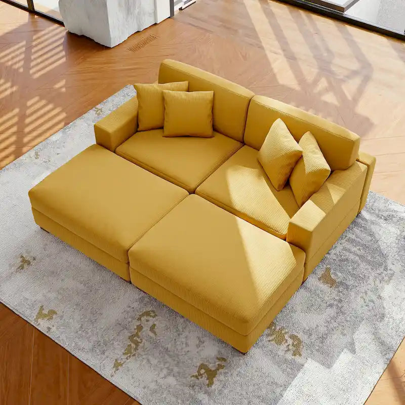Modular Corduroy Sectional Sofa Set Chaise Couch with Ottoman
