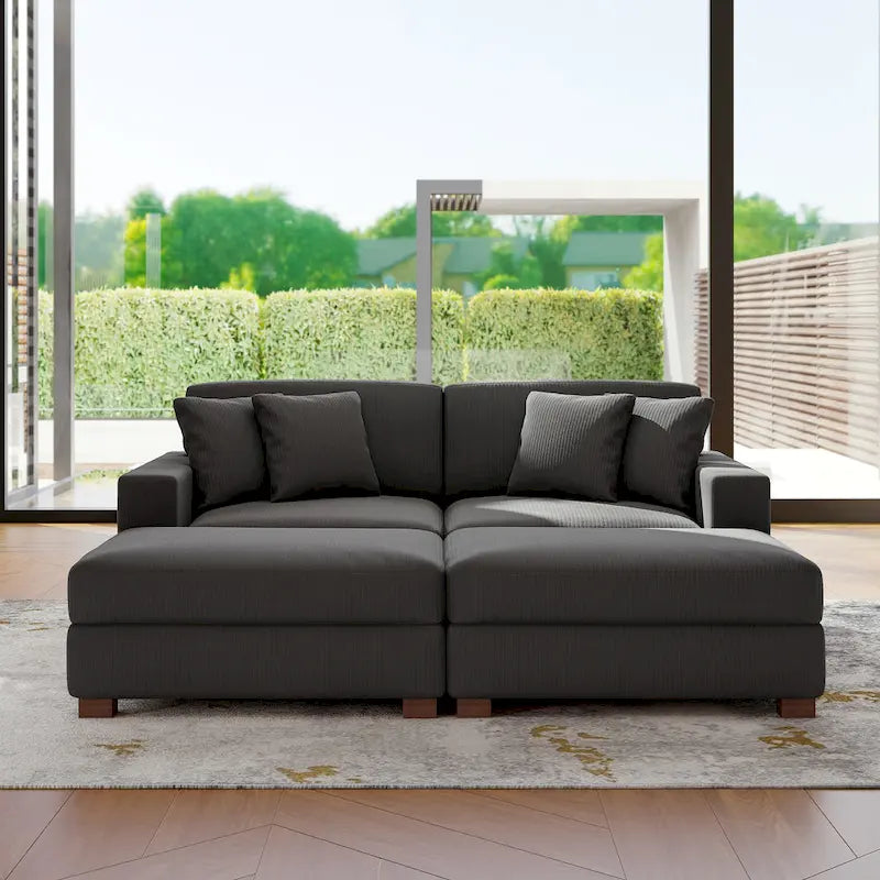 Modular Corduroy Sectional Sofa Set Chaise Couch with Ottoman
