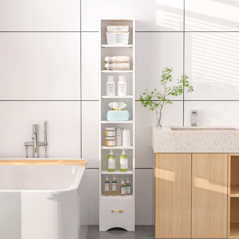 VECELO 70.9 Inches Tall Bathroom Narrow Linen Cabinet, 8 Tiers Solid Wood Freestanding Storage Cabinet