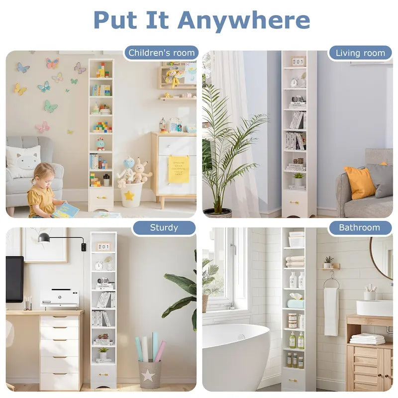 VECELO 70.9 Inches Tall Bathroom Narrow Linen Cabinet, 8 Tiers Solid Wood Freestanding Storage Cabinet