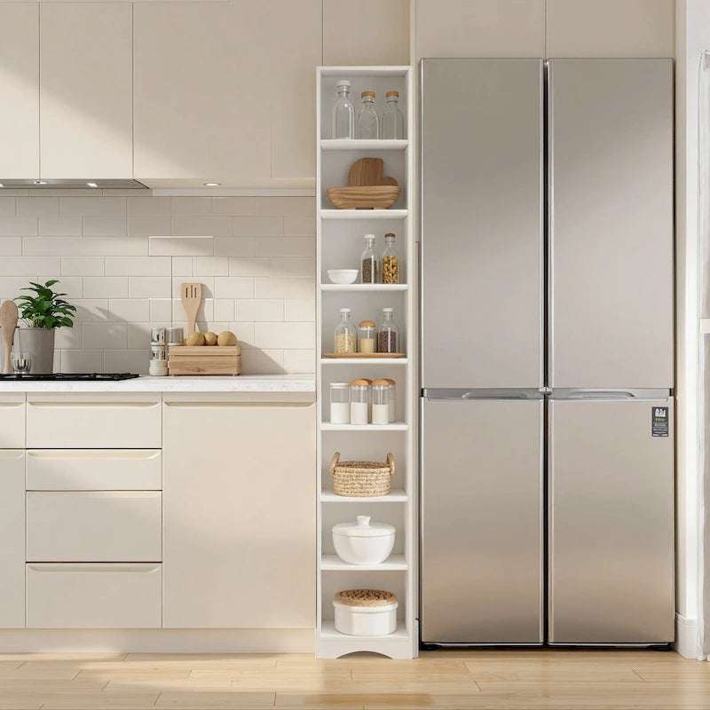 VECELO 70.9 Inches Tall Bathroom Narrow Linen Cabinet, 8 Tiers Solid Wood Freestanding Storage Cabinet