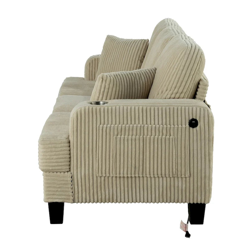 61 Contemporary Corduroy Loveseat Sofa with 2 Pillows and Cup Holder