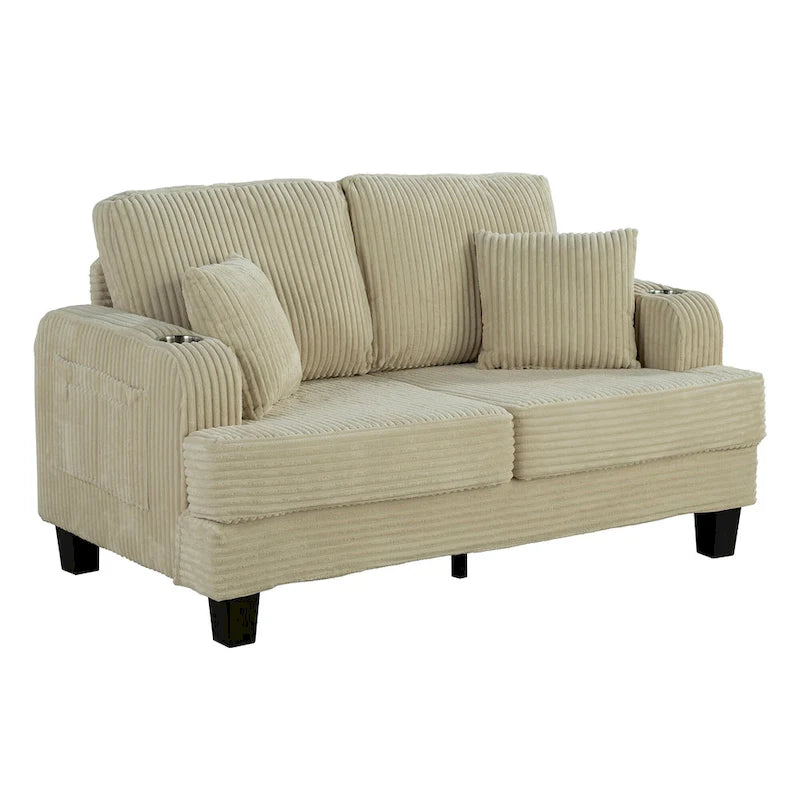 61 Contemporary Corduroy Loveseat Sofa with 2 Pillows and Cup Holder