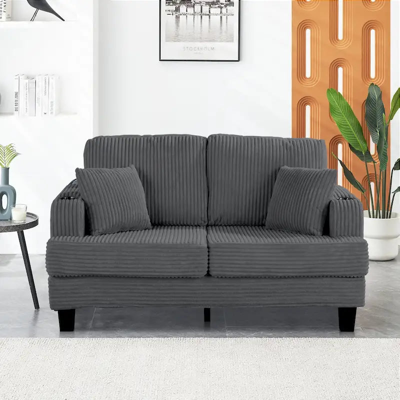 61 Contemporary Corduroy Loveseat Sofa with 2 Pillows and Cup Holder