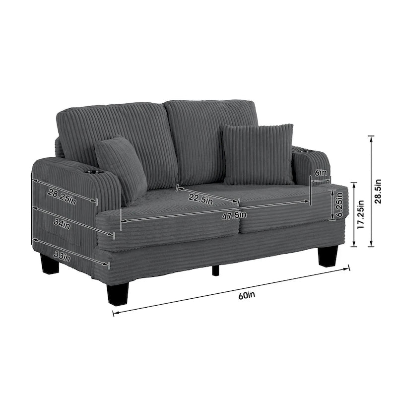 61 Contemporary Corduroy Loveseat Sofa with 2 Pillows and Cup Holder