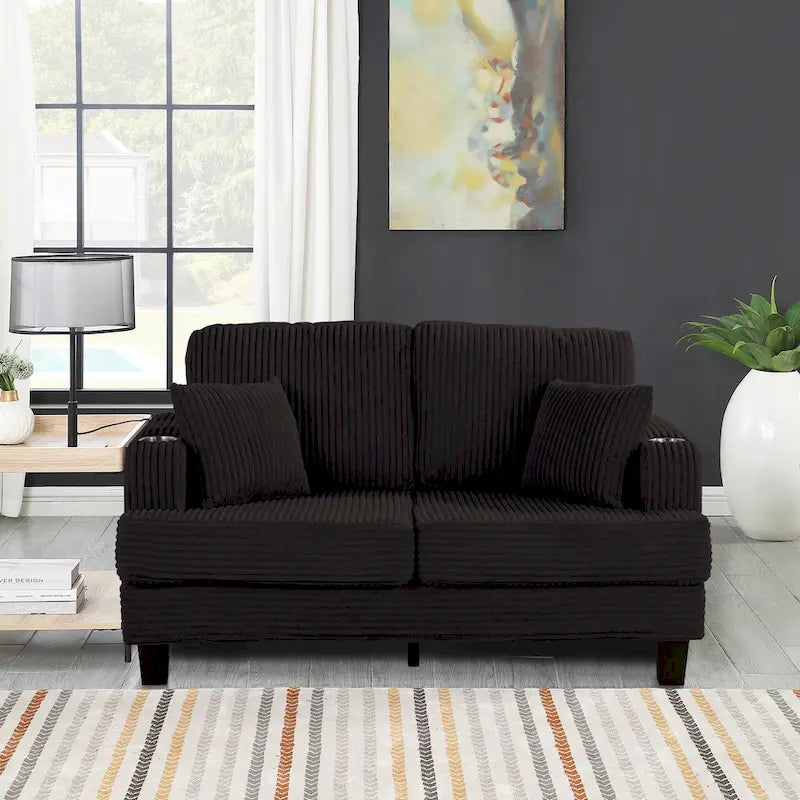 61 Contemporary Corduroy Loveseat Sofa with 2 Pillows and Cup Holder