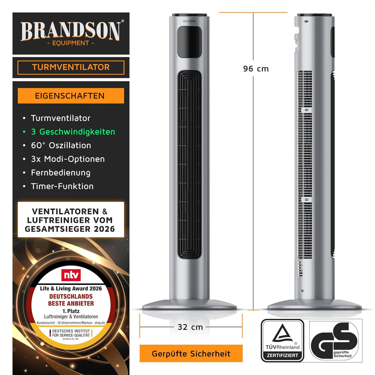 Brandson - Turmventilator mit Fernbedienung 96 cm - Preisträ – Produktdetail 8/13