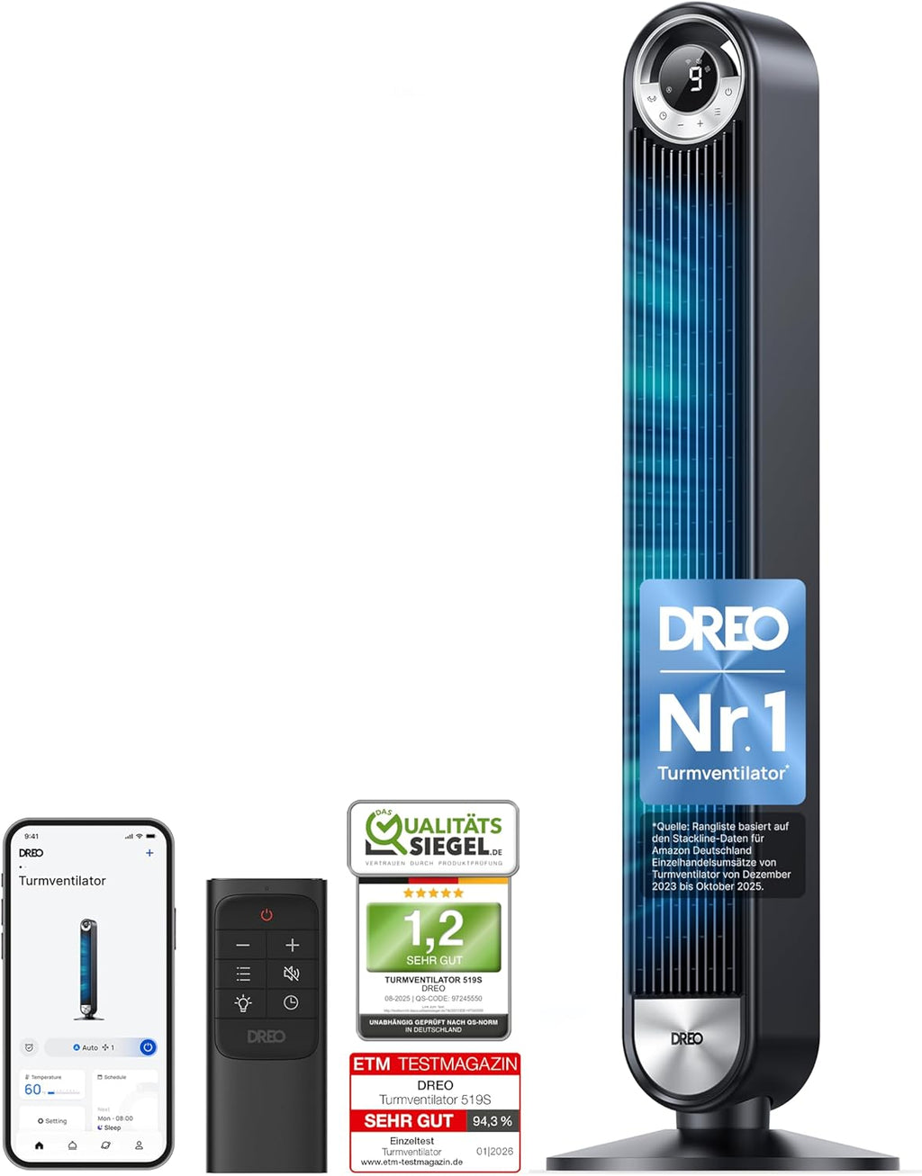 Dreo Cruiser Pro T2S Smart Turmventilator 106 cm, 25 dB, 9 Stufen, App & Sprache