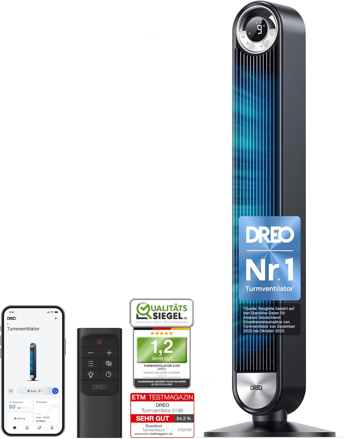 Dreo Cruiser Pro T2S Smart Turmventilator 106 cm, 25 dB, 9 Stufen, App & Sprache