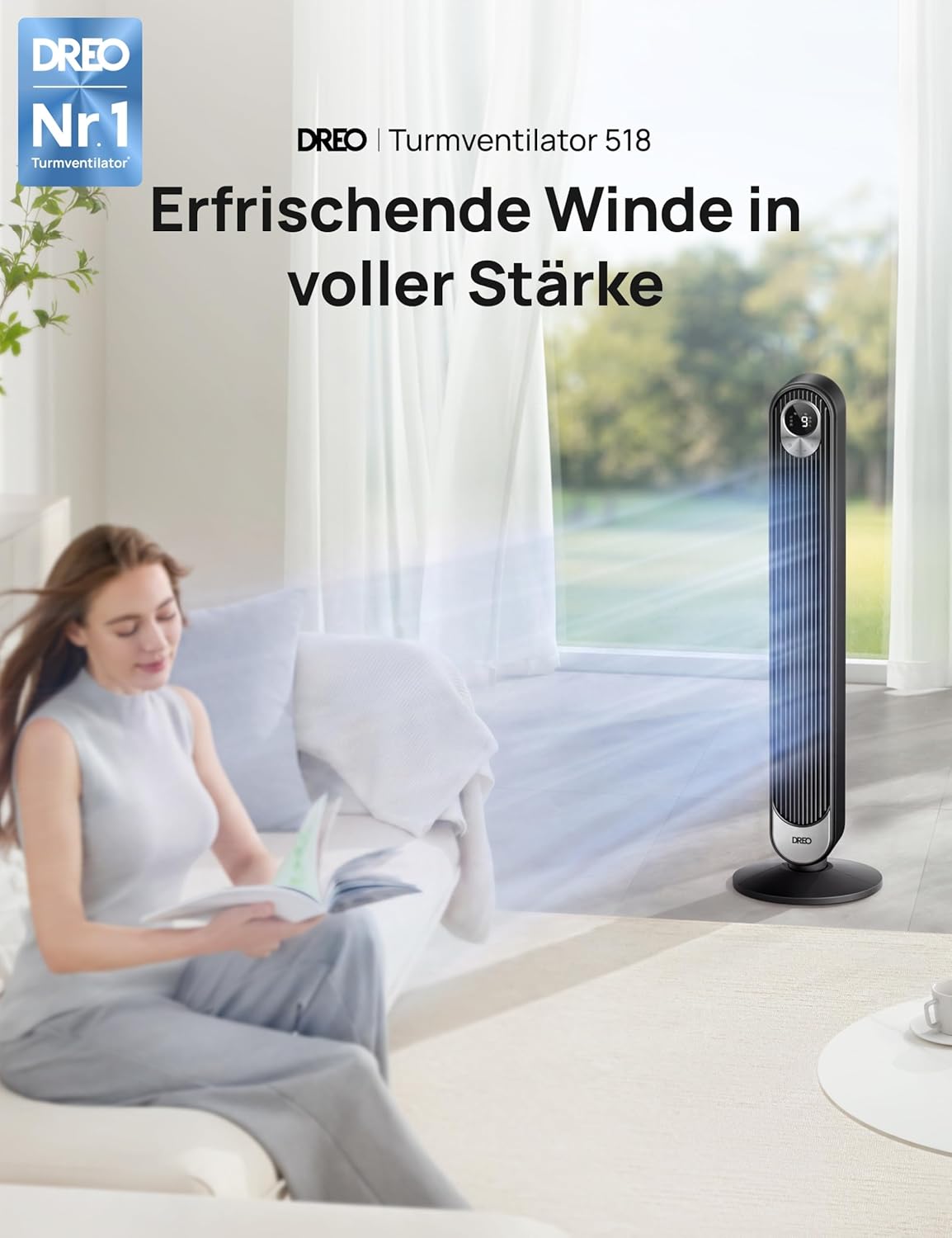 Produktbild: DREO DC Motor Turmventilator Leiser – Frontansicht