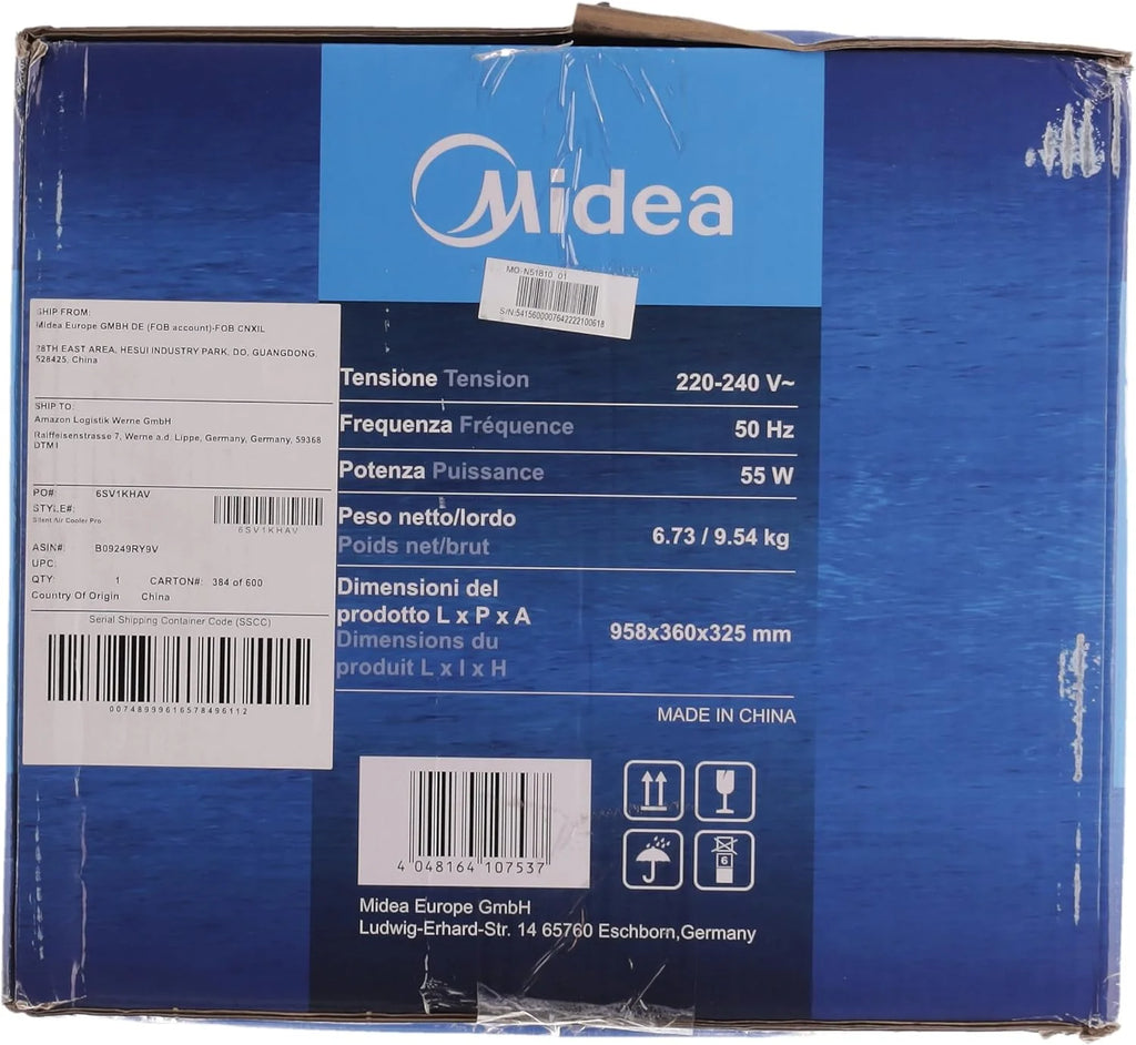 Produktbild: Midea Luftkühler mit Wasserkühlung – Anschluss und Kabel