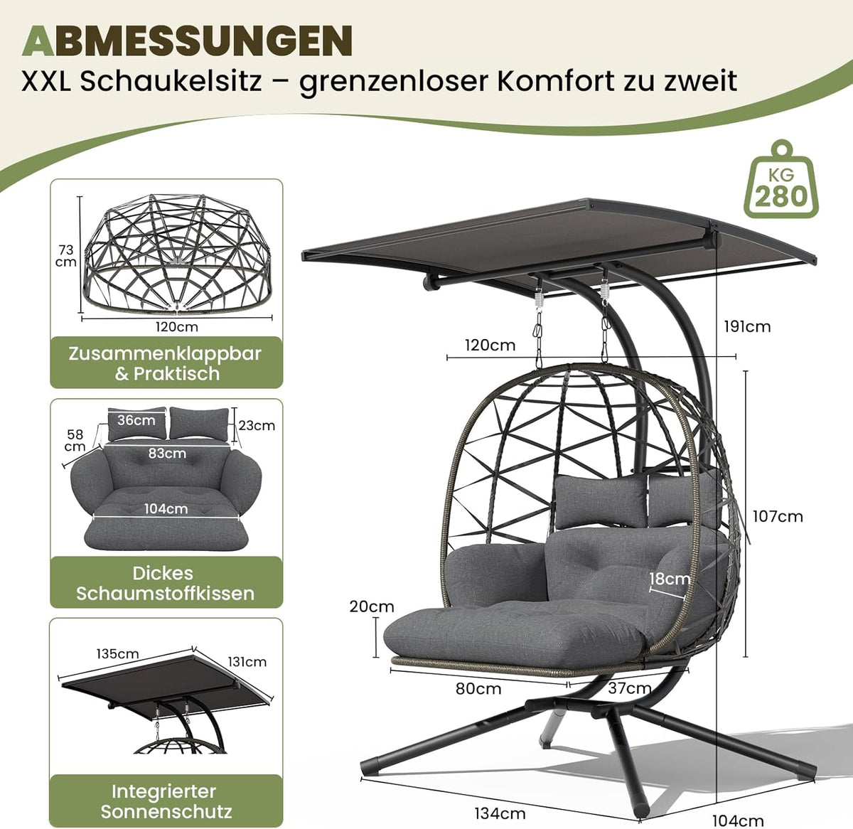 UDPATIO Hängesessel Outdoor Grau – Gesamtansicht