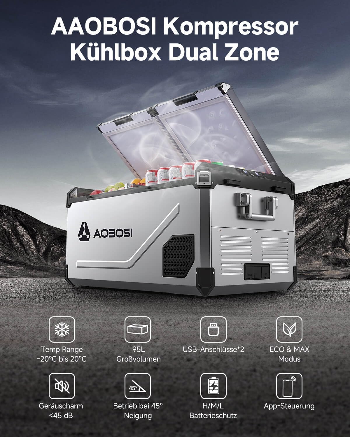 Produktbild: AAOBOSI 95L Kompressor Kühlbox Dual Zone bis -20℃，Edelstahlg – Detailansicht Bedienelemente