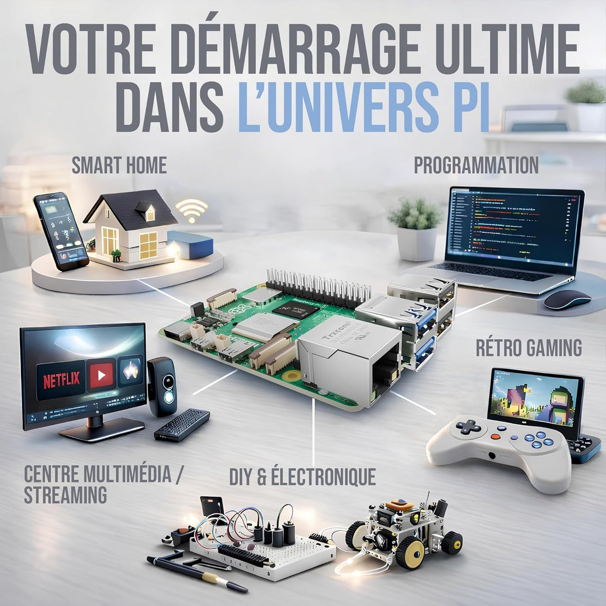 Raspberry Pi 5 8GB complete kit met voeding en kabels overzichtelijk
