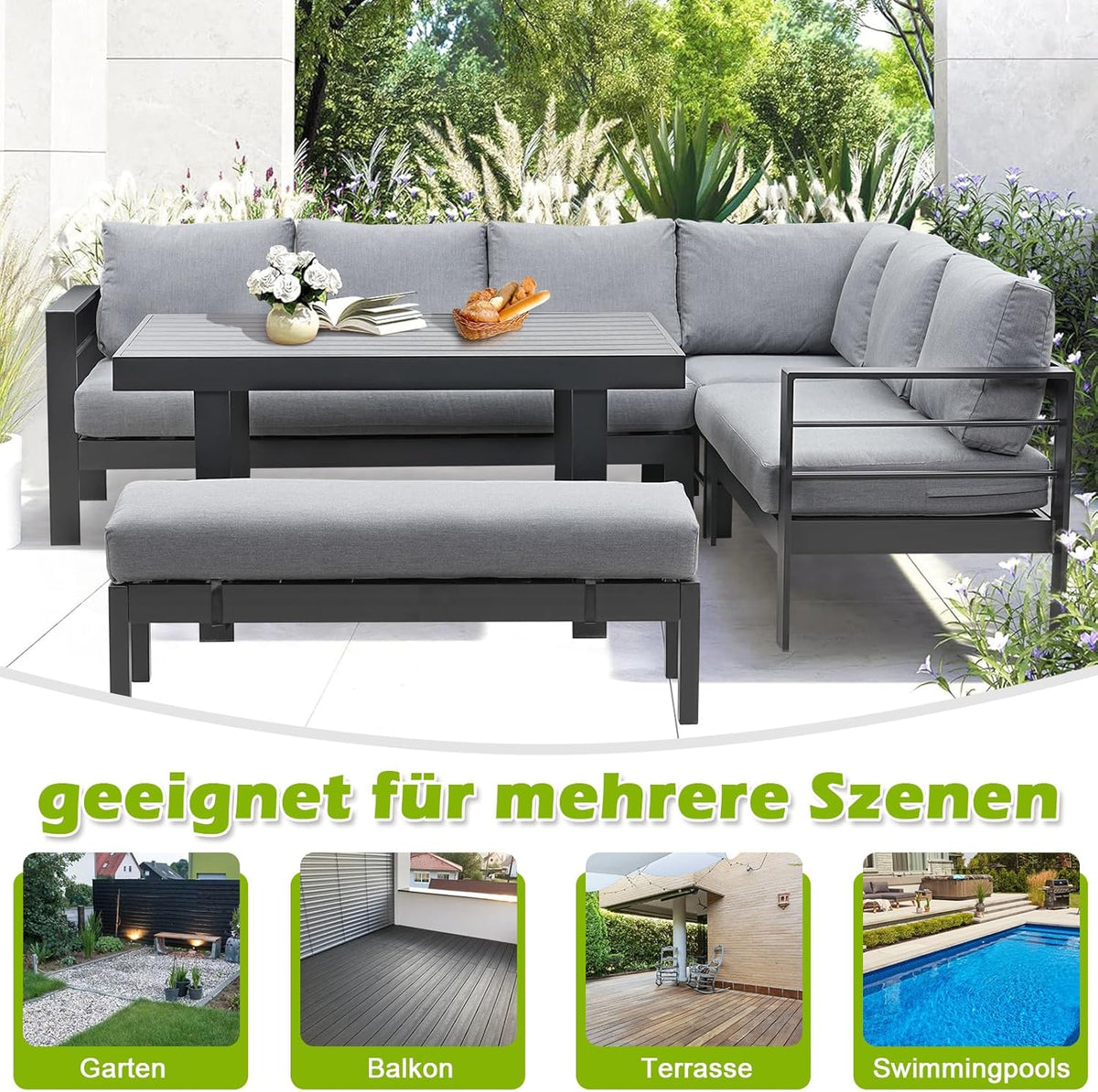 Gesamtes Set im Garten bei Tageslicht
