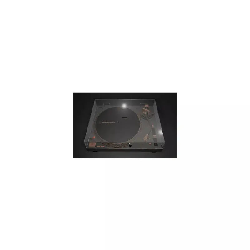 Zijaanzicht van de bronzen Audio-Technica draaitafel