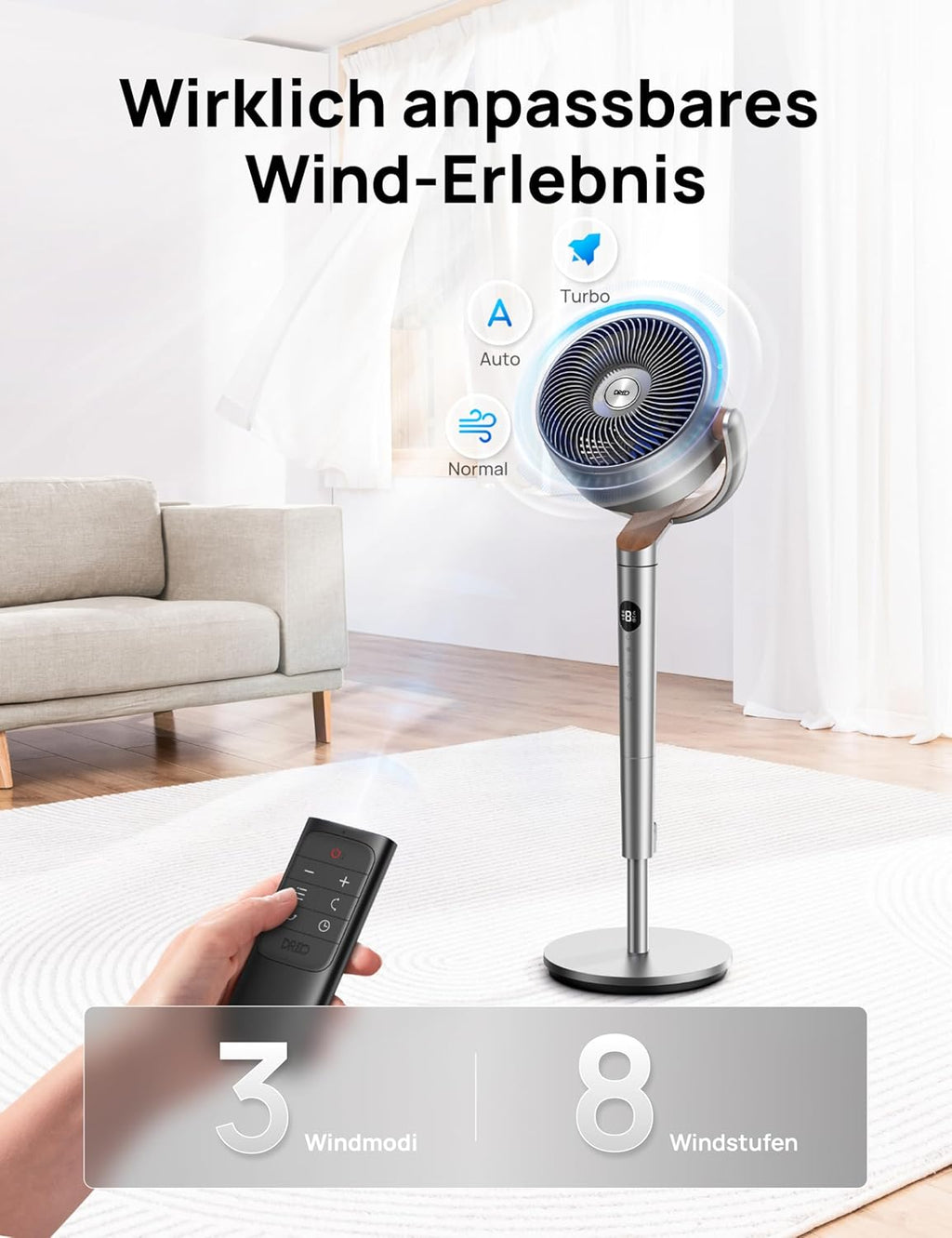 Produktbild: Dreo 20dB leiser Standventilator – Einsatz im Wohnraum