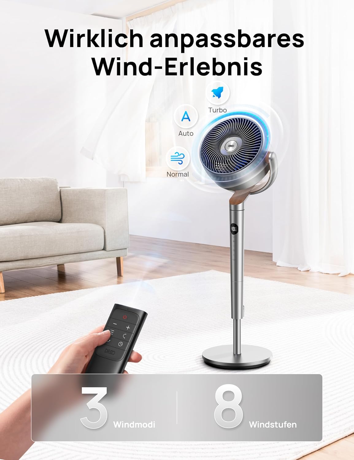 Produktbild: Dreo 20dB leiser Standventilator – Einsatz im Wohnraum