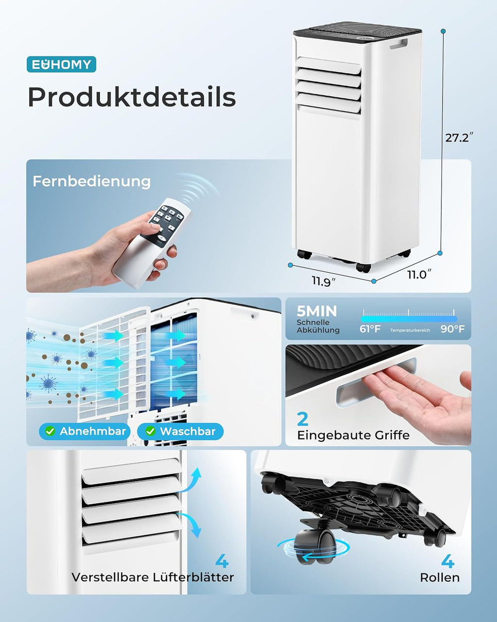 Produktbild: Mobile Klimaanlage 9000 BTU mit Abluftschlauch – Einsatz im Wohnraum