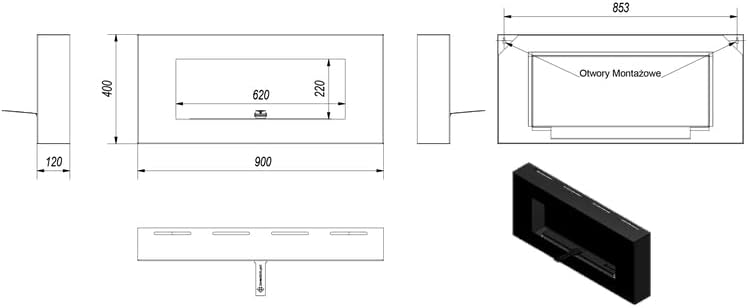 Cheminée Bio KRATKI Delta Flat avec vitrage | 400 x 900 cm | Conteneur de 0,4 L | Noir | Cheminée Murale | Idéal pour la Maison, Le Salon ou la Chambre | Testé TüV - Rhénanie