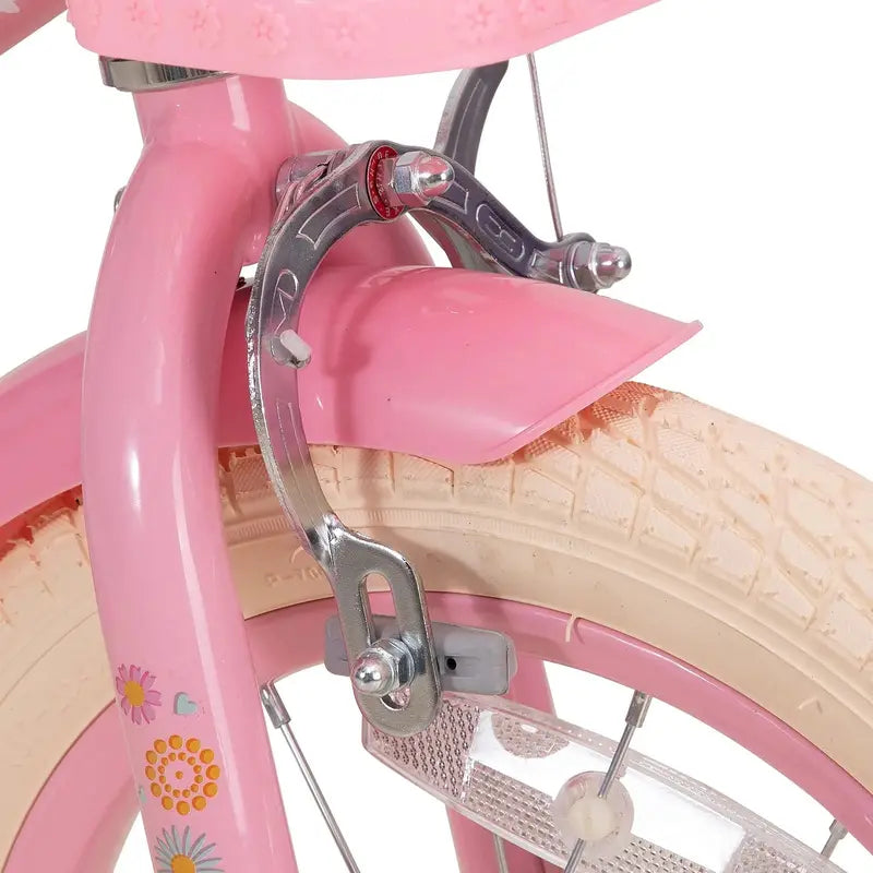 Zijaanzicht van de roze kinderfiets met zijwieltjes