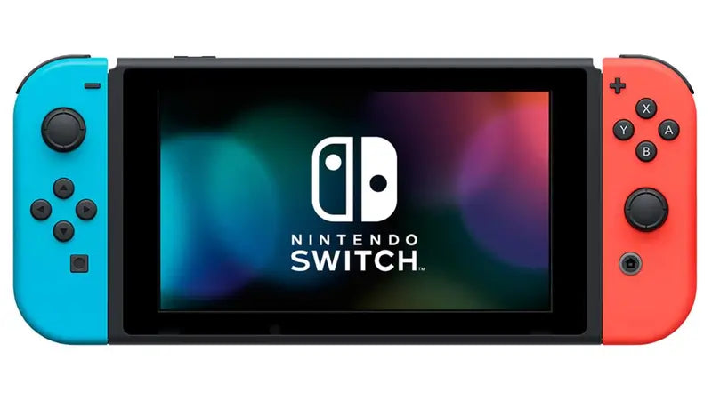 Nintendo Switch console met neonblauwe en neonrode Joy-Con, handheld-modus