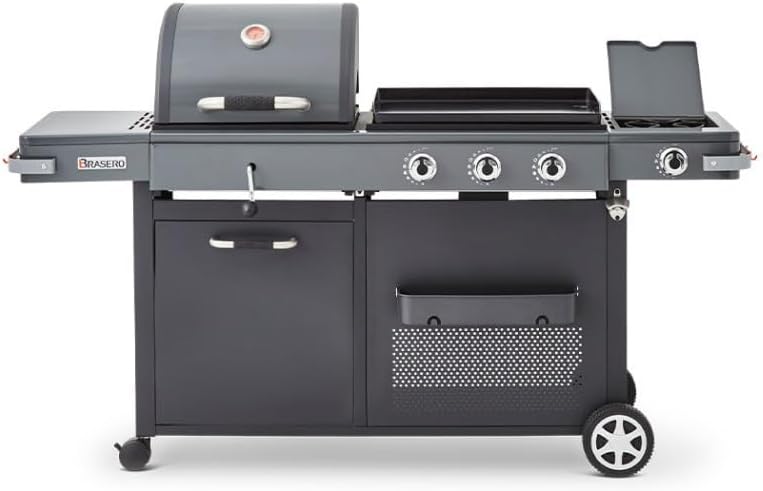 BRASERO - Barbecue Bi-Energy Gun Metal XL - Barbecue Charbon et Plancha 60 x 42 cm à gaz avec br?leur latéral -12,95 KW