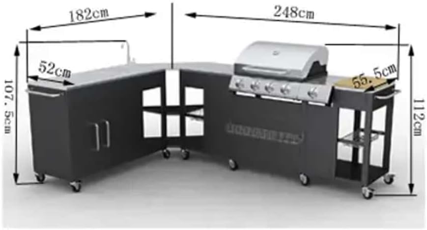 Grand barbecue à gaz GPL butane propane cuisine extérieure 4 br?leurs + 1 réchaud latéral 1 évier grand plan de travail inox espace de rangement 8 roues