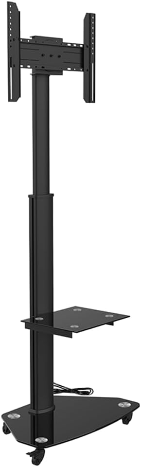 XTRARM Proton 300 Support TV en aluminium sur roulettes avec étagère, pour téléviseurs de 32 à 75" jusqu'à 40 kg, avec multiprise USB, rotatif à 90 °/209 cm, réglable en hauteur, Vesa 600 x 400, noir