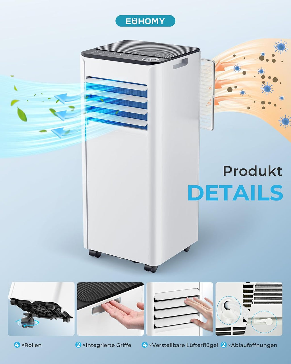 Produktbild: Mobile Klimaanlage 9000 BTU mit Abluftschlauch – mit Zubehör