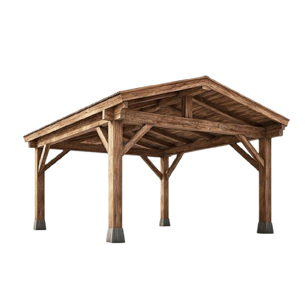 Dubbele carport van massief naturel hout met zadeldak over twee auto's in de tuin