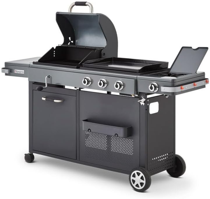 BRASERO - Barbecue Bi-Energy Gun Metal XL - Barbecue Charbon et Plancha 60 x 42 cm à gaz avec br?leur latéral -12,95 KW