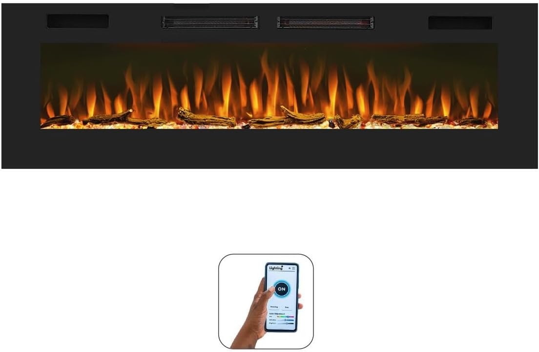 Mystflame Crystal 50 - Cheminée électrique Murale avec Wi-FI, 127 cm, Ultra Fine 8 cm, 12 Couleurs de Flamme, Thermostat 750/1500W, Poêle Confortable, écran Tactile et Minuterie